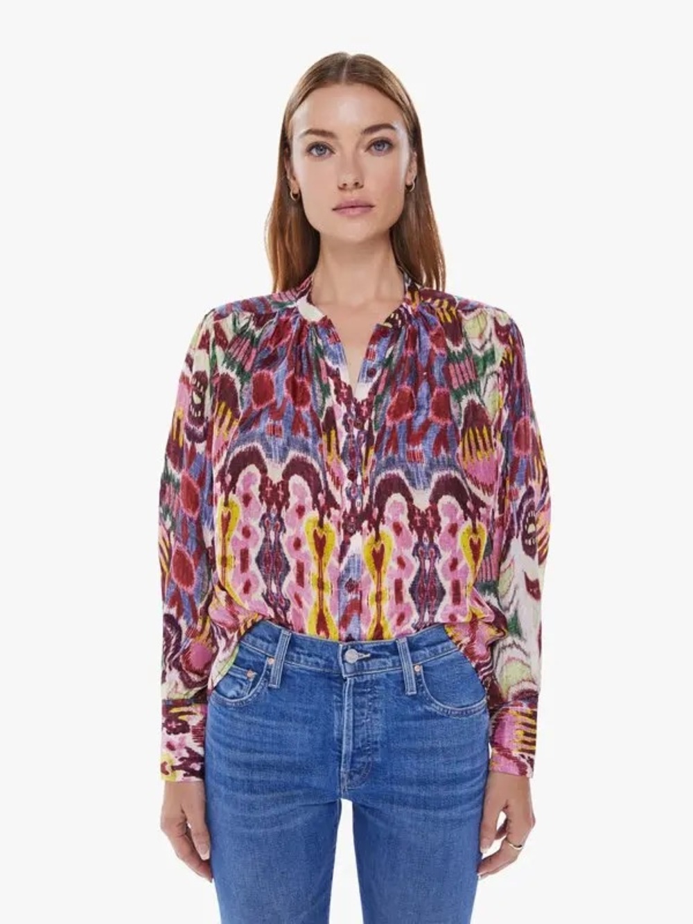 Maria Cher Celia Silk Balloon Sleeve Button Blouse in Multi Red, Women’s size XS
